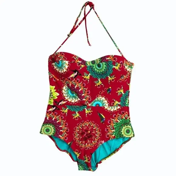 Desigual Sonar Floral 1 Piece Swimsuit Size XL Retro Bandeau Underwire Bohemian‎ - Picture 2 of 12